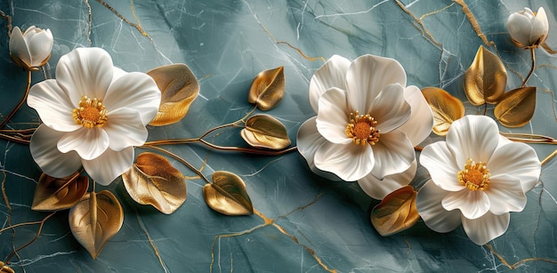 3d luxury marble wall with three white and gold flowers golden leaves golden lines for wall decoration