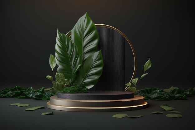 3D luxury podium with leaves golden elements for cosmetic or fashion product display AI Generated