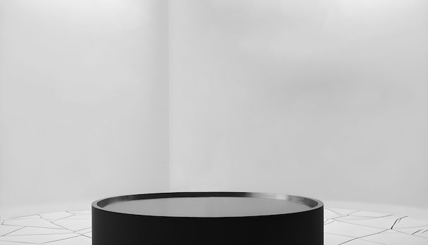 3d Luxury round black pedestal podium stage with metallic top shiny stand on white backdrop