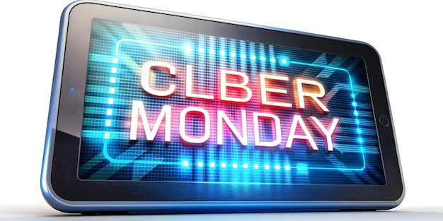 3D Macro CloseUp of Futuristic Tech Gadget with Glowing Cyber Monday Promotions Vibrant Digital C