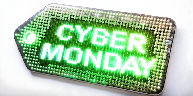 3D Macro Shot of Glowing Digital Price Tag for Cyber Monday Discounts Futuristic Price Tag Detail