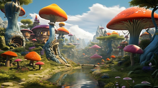 3D magical mushrooms A whimsical illustration