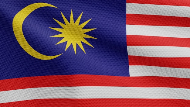 3D, Malaysian flag waving in the wind. Close up of Malaysia banner blowing, soft and smooth silk. Cloth fabric texture ensign background.