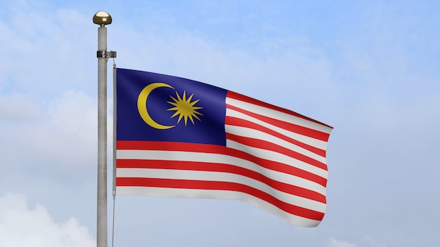 3D, Malaysian flag waving on wind with blue sky and clouds. Malaysia banner blowing, soft and smooth silk. Cloth fabric texture ensign background. Use it for national day and country occasions concept