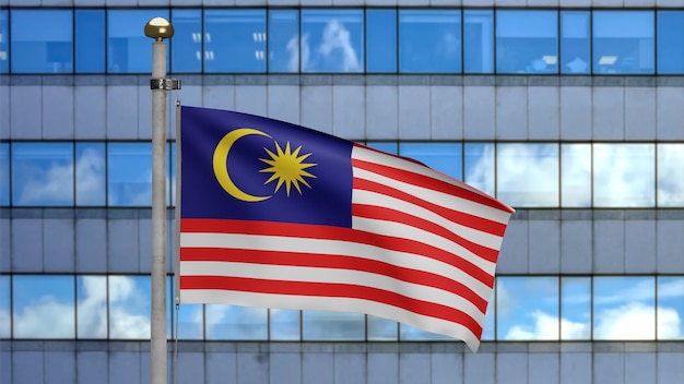 3D, Malaysian flag waving on wind with modern skyscraper city. Close up of Malaysia banner blowing, soft and smooth silk. Cloth fabric texture ensign background.