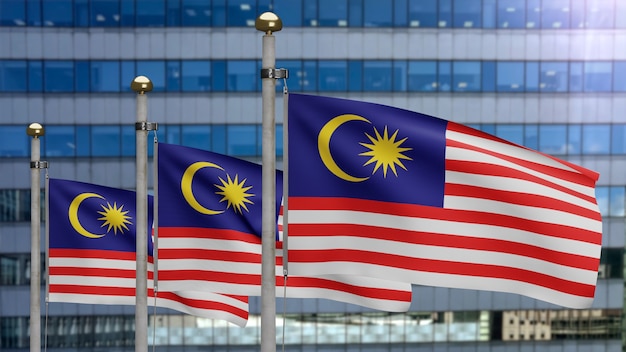 3D, Malaysian flag waving on wind with modern skyscraper city. Malaysia banner blowing smooth silk. Cloth fabric texture ensign background. Use it for national day and country occasions concept.