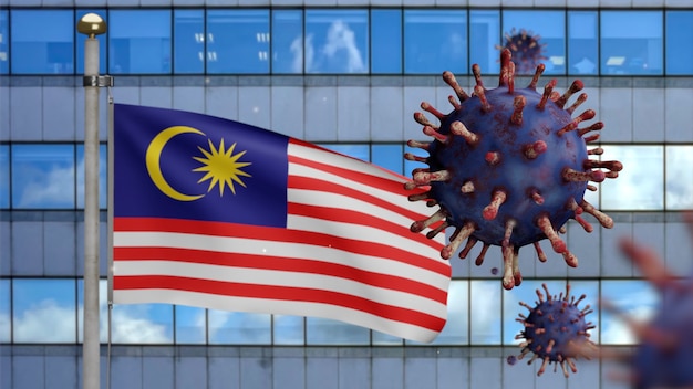 3D, Malaysian flag waving with modern skyscraper city and coronavirus outbreak as dangerous flu. Influenza type Covid 19 virus with national Malaysia banner blowing background. Pandemic risk concept