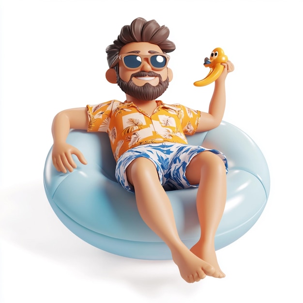 Photo 3d male character relaxing by the pool on white background