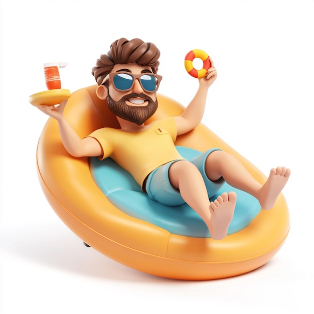 Photo 3d male character relaxing by the pool on white background