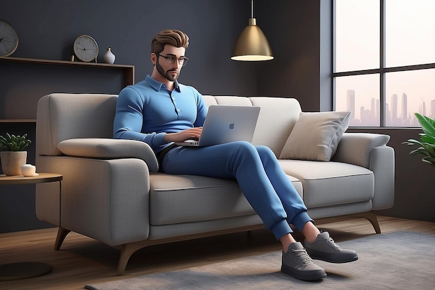 Photo 3d male character sitting on a sofa and working on a laptop