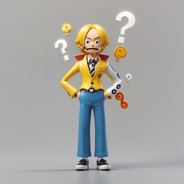 3d male illustration cartoon character with confused thinking and using sanji style in one piece