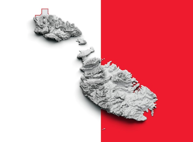 3d Malta Map Black And White Shaded Relief Hypsometric Map On Malta Flag Background 3d illustration