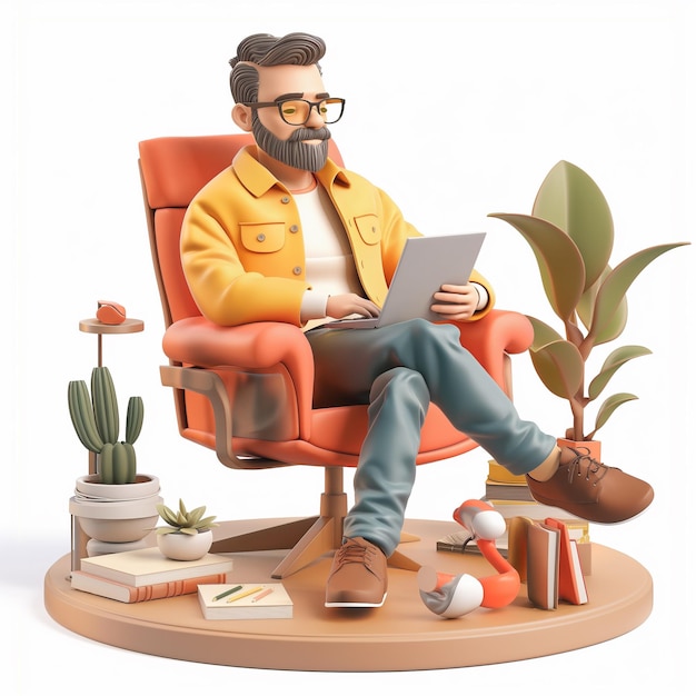 3d man casual work from home technology