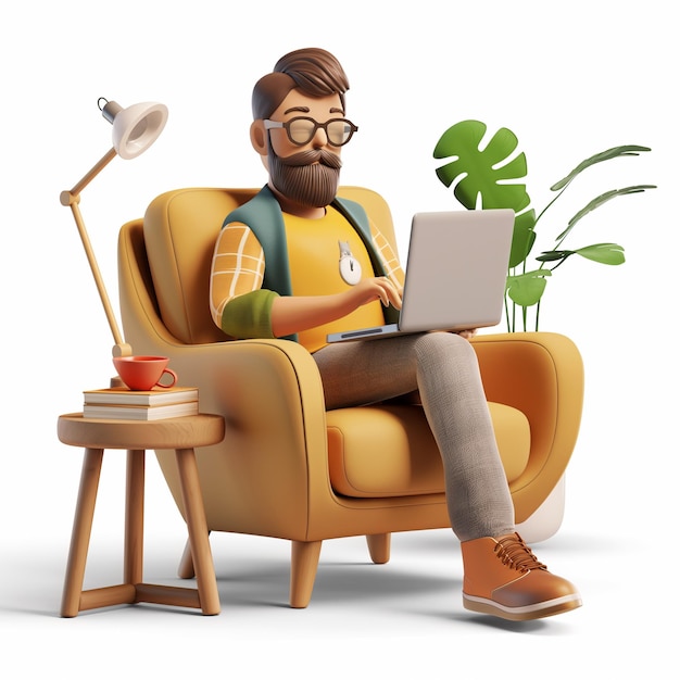 3d man casual work from home technology