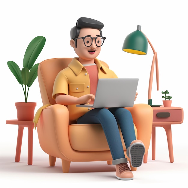 3d man casual work from home technology