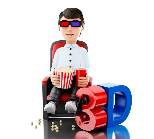 3d Man in the cinema and eating popcorn with 3D glasses.