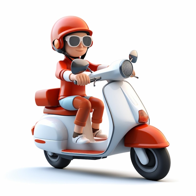 3d Man riding scooter on white background