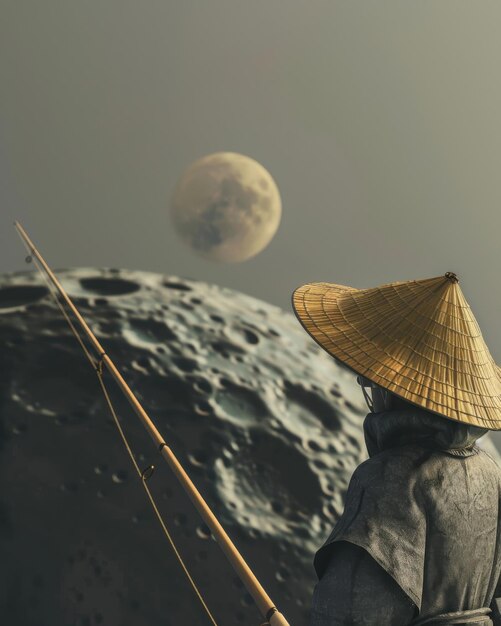 Photo 3d man in a straw hat fishing on the moon