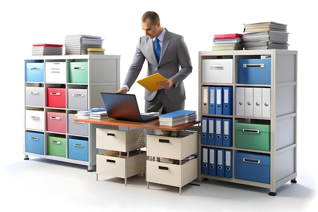 3D Manager Expertly Organizing Files in Cluttered Office Operational Management Concept on White B