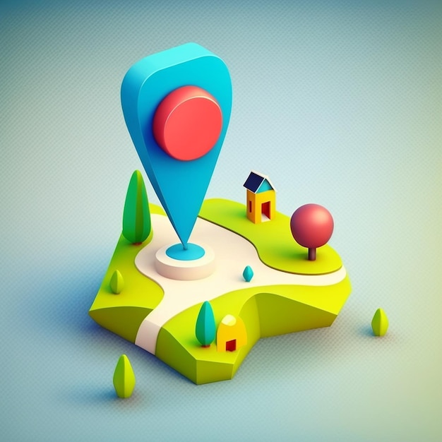 3D Map location with point marker Isometric landscape with tree and cloud Yellow navigation pin Ai generative