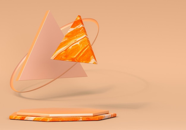 3D marble orange podium with triangle Pedestal for product presentation on clean background