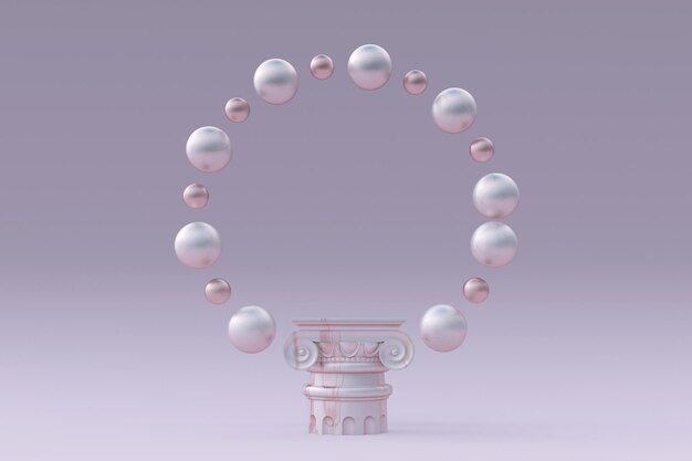 3D marble pastel pink podium with flying bubbles pearl arch on background Pedestal for presentation