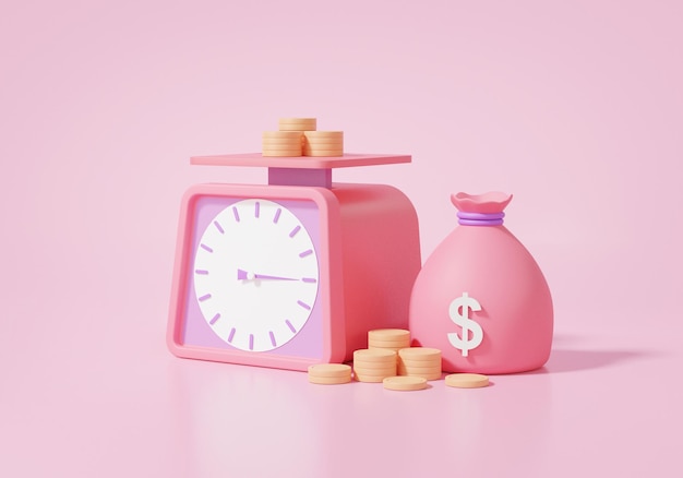 3D Market shopping idea Diet weighing scales with stack coins bag isometric finance business investment buy sell on pink background 3d render illustration