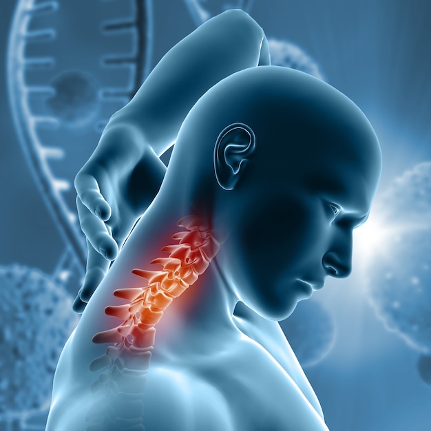 3d medical background with male holding his neck in pain