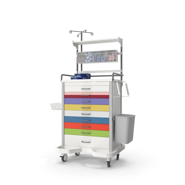 3D Medical Supply Cart Medical vehicle on white background Wheel cart with medical supply