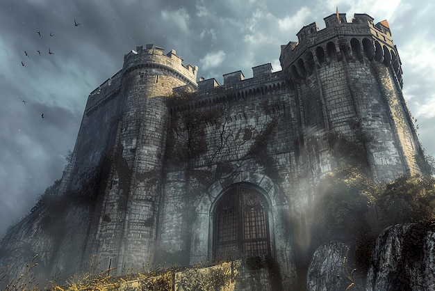 3D Medieval Fortress with Towering Walls and Detailed Architecture