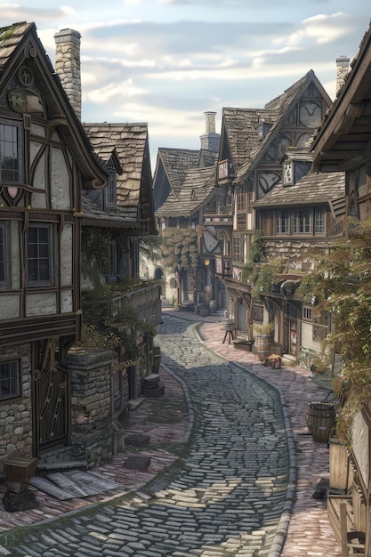 A 3D medieval village with cobblestone streets charming houses and townspeople going about their day