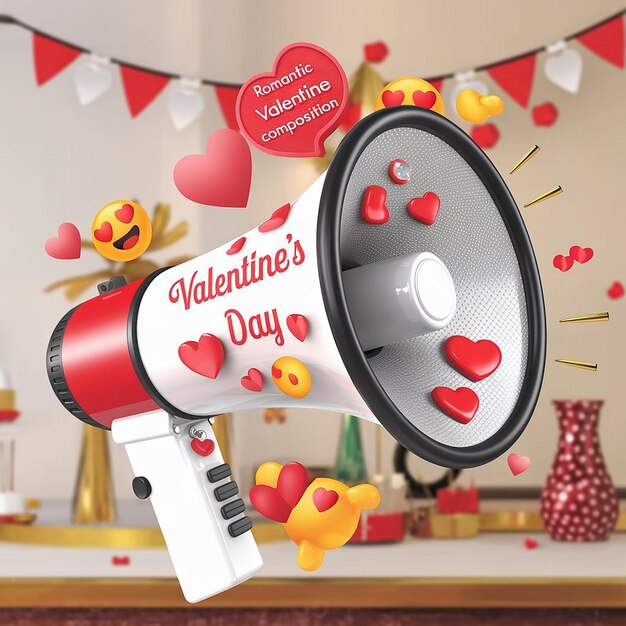 Photo 3d megaphone speaker for announce romantic valentine composition valentines day festive decorative objects heart and love emoji icon feeling 3d speakerphone romance icon vector render illustration