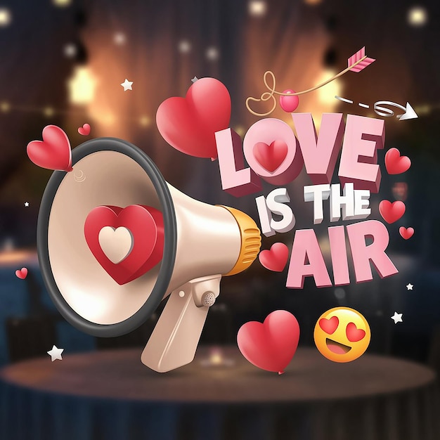 Photo 3d megaphone speaker designed for announcing a romantic composition for valentines day featuring heart and love emoji icons to convey feelings in a festive decorative style