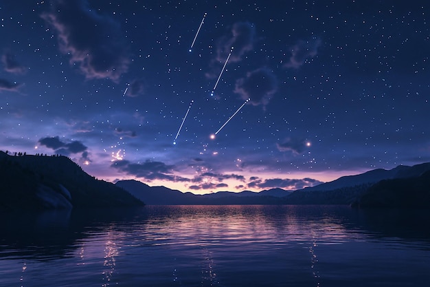 3D Meteor Shower Meteors over still reflective waters Background Wallpaper