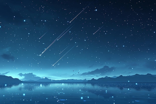 3D Meteor Shower Meteors over still reflective waters Background Wallpaper