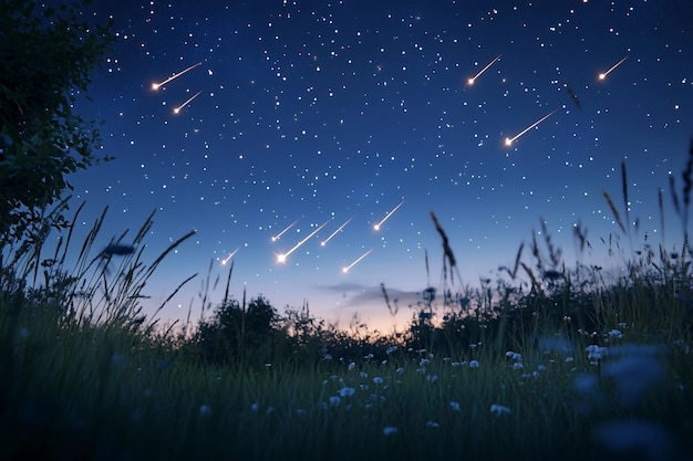 3D Midnight Sky Bright shooting stars across dark sky Background Wallpaper