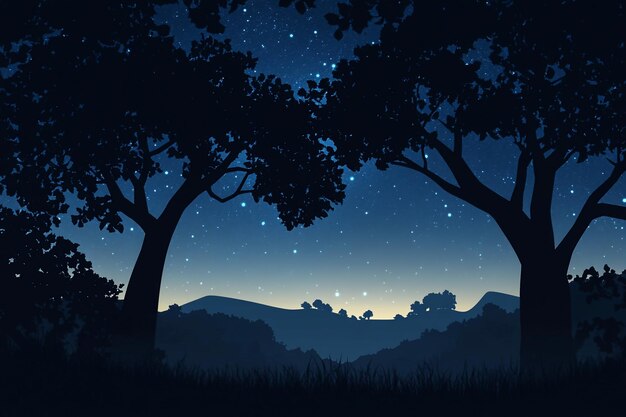 Photo 3d midnight trees icon silhouetted by starry horizon background wallpaper