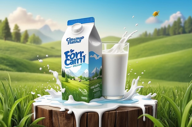 3d milk ad template for product display Milk pack mockup on a farm island surrounded by white splashing liquid