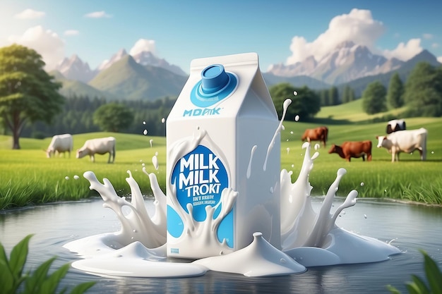 Photo 3d milk ad template for product display milk pack mockup on a farm island surrounded