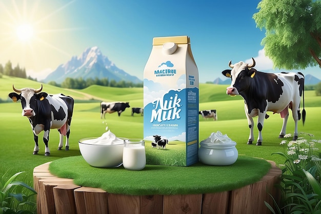 3d milk ad template for product display Milk pack mockup set in a miniature farm island on sunshine sky background