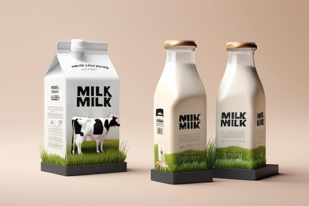 3d milk ad template for product display Milk pack mockup set in a miniature farm with cow