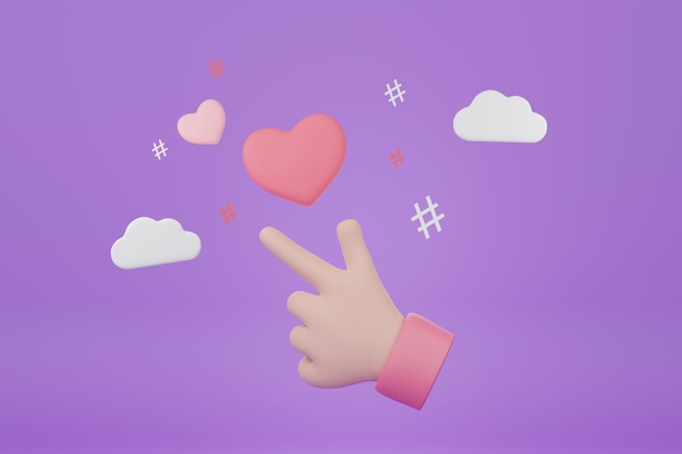 3d minimal cartoon hand showing mini heart sign on purple background