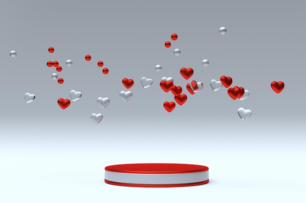 3D minimal composition St Valentine day round podium, pedestal with flying red hearts. Romantic abstract love background template for sales promotion. Creative minimal scene for 14 February