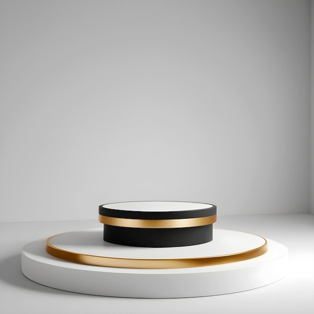 3d minimal pedestal golden black and white blank product display mockup on white background