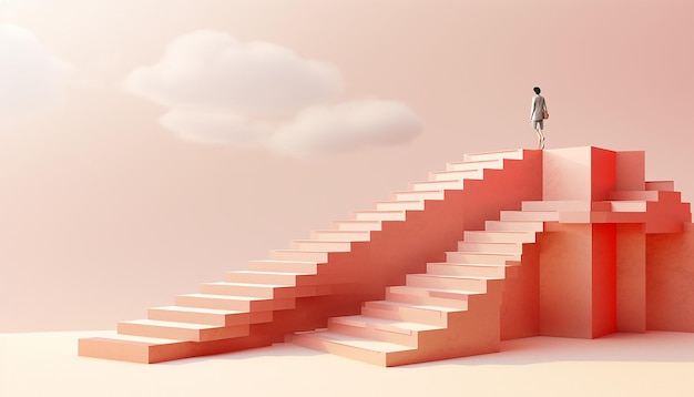 a 3D minimal poster design featuring a series of ascending stairs