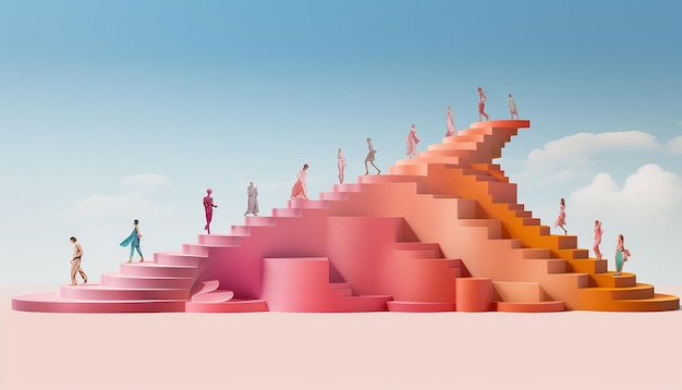 a 3D minimal poster design featuring a series of ascending stairs