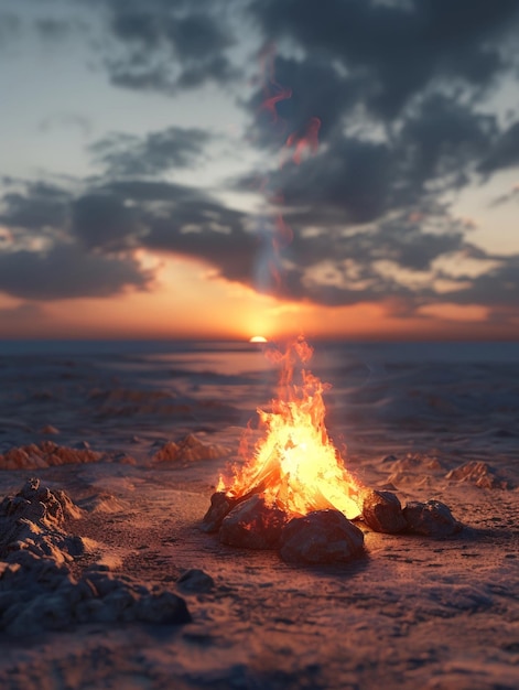 3D minimal summer campfire close view surrounded by expansive empty space