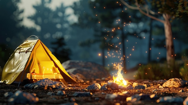 3D minimal summer camping scene detailed bonfire closeup uncluttered space backdrop