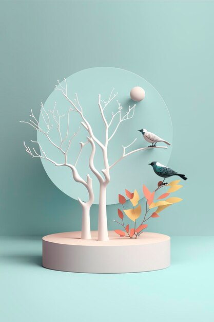 3d minimalist pedestal with paper birds Generative AI