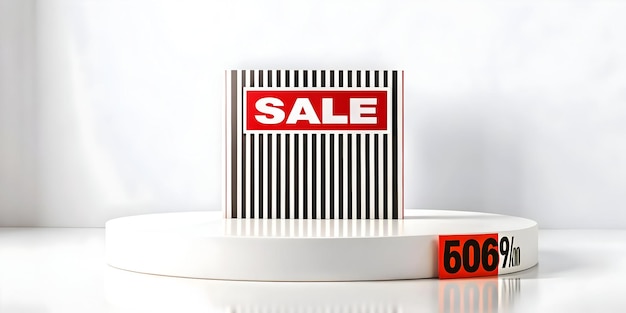 3D Minimalist Podium Design with Barcode and Sale Sign for Retail Advertising Isolated on White Ba